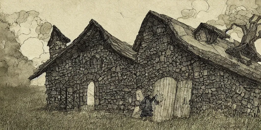 Image similar to house, barn, golem. fable haven by hayao miyazaki : : house, barn, golem