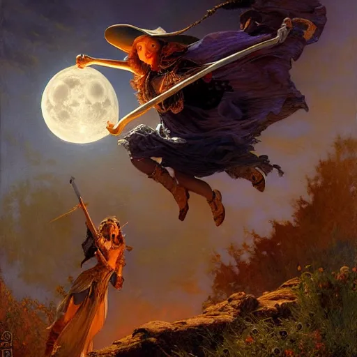 Prompt: witch flying riding a broom, trough the night, fantasy, full moon in background. highly detailed painting by gaston bussiere, craig mullins, j. c. leyendecker 8 k