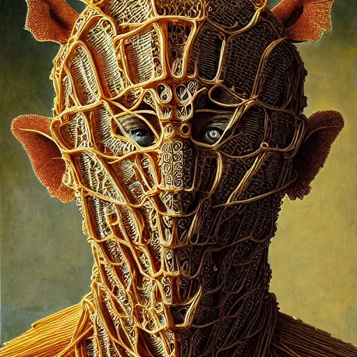 Prompt: zoomed out half boy half rhino made of spaghetti, intricate armor made of spaghetti fractals, ancient warrior, samurai style, by giuseppe arcimboldo and ambrosius benson, renaissance, intricate and intense oil paint, a touch of beksinski, realistic