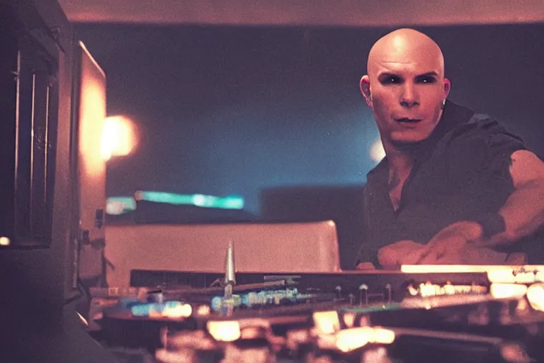 Prompt: pitbull playing a pitbull themed pinball machine, over the shoulder perspective, in 1 9 8 5, y 2 k cybercore, industrial low - light photography, still from a kiyoshi kurosawa movie