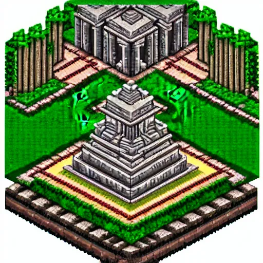 Prompt: a pixelart scene of an isometric jungle temple