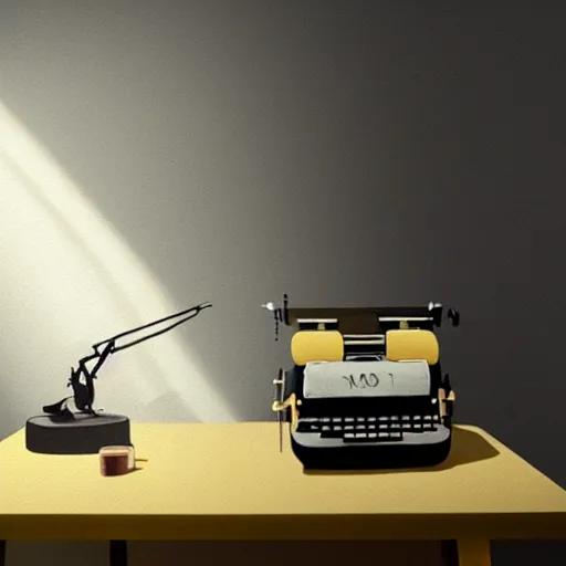 Image similar to painting of a typewriter on a desk in a dimly lit room, volumetric lighting, style of greg rutkowski