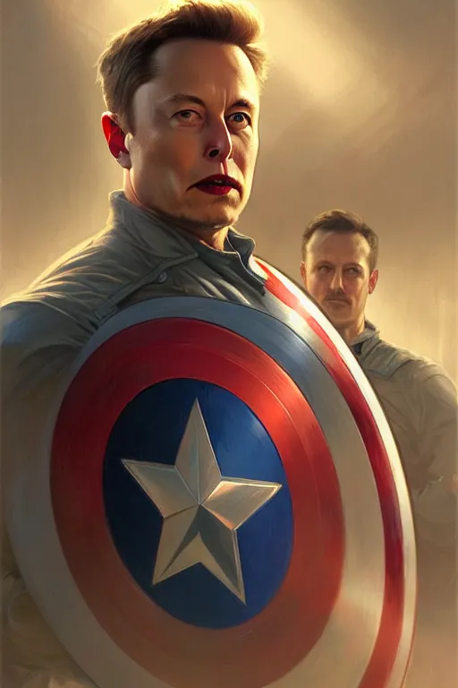 Image similar to elon musk as captain america, portrait, highly detailed, digital painting, artstation, concept art, smooth, sharp focus, illustration, cinematic lighting, art by artgerm and greg rutkowski and alphonse mucha