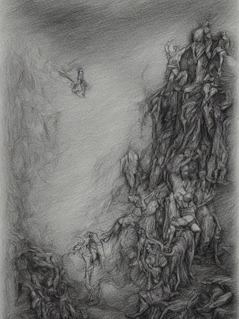 Prompt: inside my nightmares, charcoal detailed drawing, Greg Rutkoski style, Gustave Dore style,