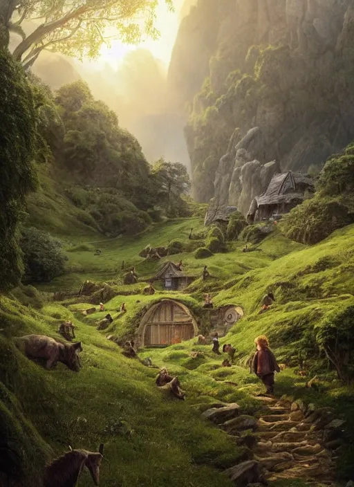 Image similar to hobbits in the shire scenery landscape, lord of the rings, highly detailed, perfect lighting, perfect composition, 4 k, artgerm, derek zabrocki, greg rutkowski