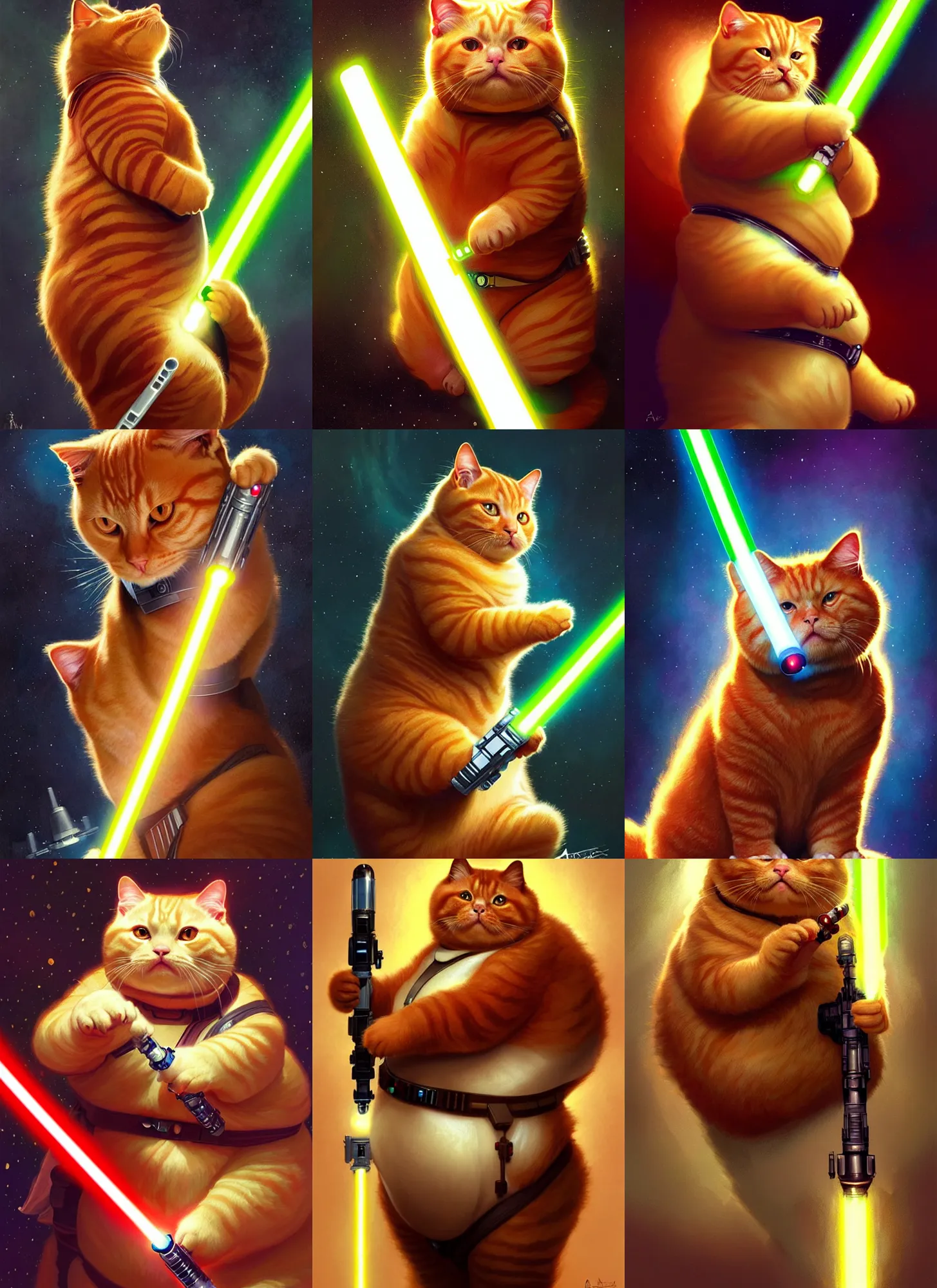 Prompt: a fat ginger cat holding a lightsaber, star wars, beautiful glowing lights, sci - fi, stunning, intricate, elegant. highly detailed, digital painting. artstation. smooth. sharp focus. illustration. art by artgerm and greg rutkowski and alphonse mucha