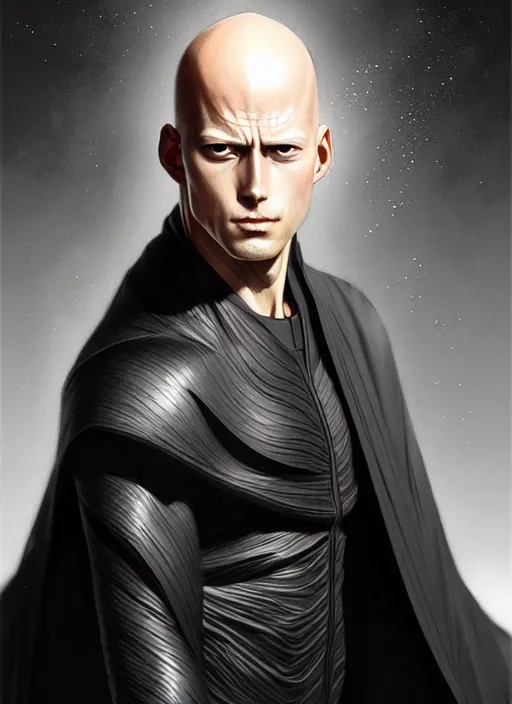 Image similar to ultra realistic illustration, handsome saitama. intricate, elegant, highly detailed, black cape, digital painting, artstation, concept art, smooth, sharp focus, illustration, art by artgerm and greg rutkowski and alphonse mucha and wlop