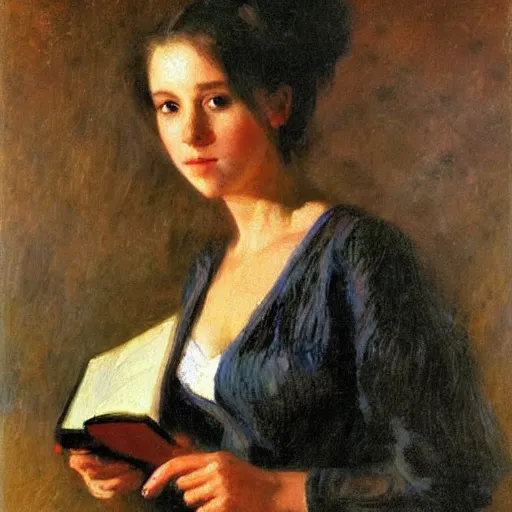 Image similar to portrait of a young woman holding a book, impressionism, realism, landscape, portrait, romanticism, painting by nikolay makovsky