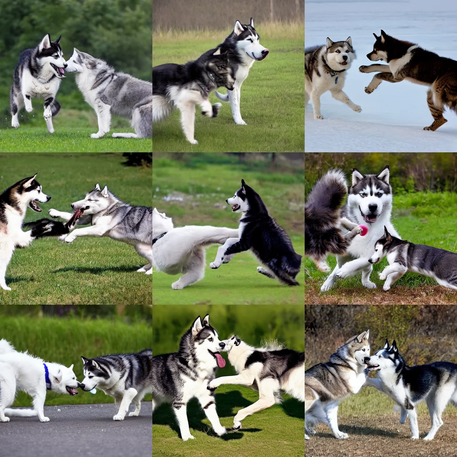 Prompt: photo of a cat fighting a huskie dog