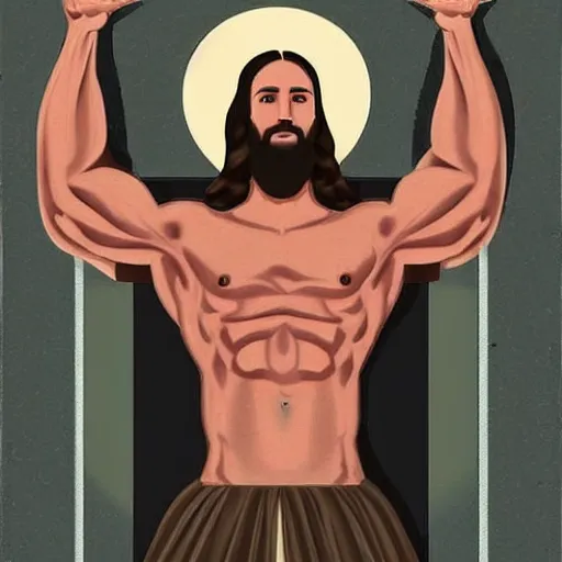 Prompt: Jesus Christ lifting the heaviest of weights at the gym alone, veins popping, highly detailed photograph, professional body builder Jesus