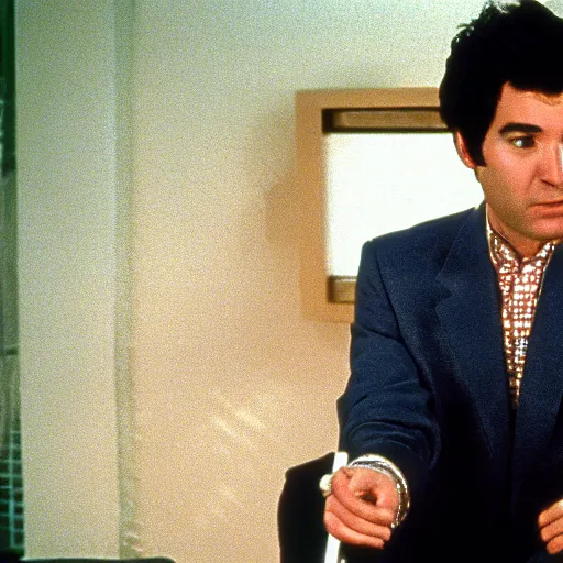 Prompt: still of Ted Mosby in a 1980 tv series, old movie, grain effect, B movie, low budget