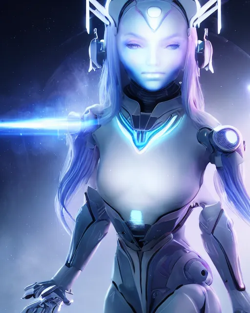 Image similar to perfect android girl on a mothership, warframe armor, beautiful face, scifi, futuristic, galaxy, nebula, raytracing, dreamy, long white hair, blue cyborg eyes, sharp focus, cinematic lighting, highly detailed, artstation, divine, by gauthier leblanc, kazuya takahashi, huifeng huang