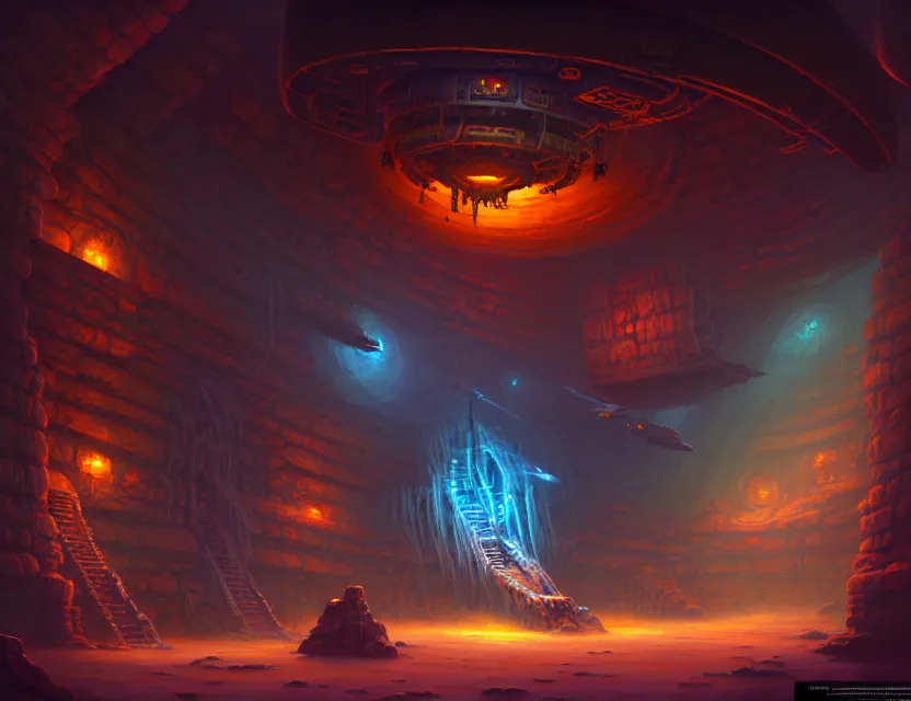 Prompt: interior view of the magic smuggler cargo hold of a flying ship, d & d planescape fantasy art, artstation contest winner, beautiful digital painting in the style of dan mumford, art by kev chan, volumetric lighting, concept art, speedpainting, fantasypunk, deep colors, cgsociety, by gerald brom, by greg rutkowski, by ruan jia