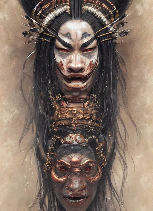 Image similar to a beautiful detailed oil on copper art illustration of a waka onna mask shogun devil woman, centered, by charlie bowater, zeng fanzh, trending on artstation, dim dusk lighting, cinematic lighting, detailed lighting, volumetric lighting, realistic, f 8, 4 k hd wallpaper