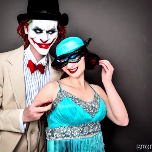 Prompt: the joker with a beard, wearing a fedora, standing next to a 20's flapper, prom pictures, amateur photography