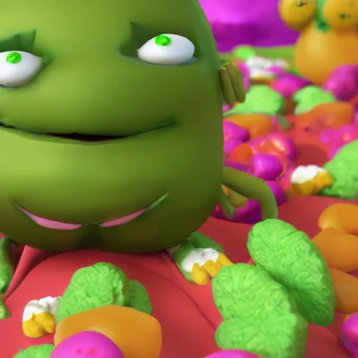 Image similar to a cinematic blender render of a cute marijuana nug character in candy edibles world