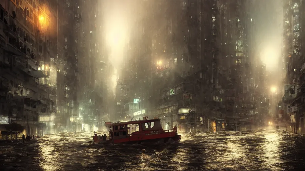 Prompt: dramatic Photorealistic, Matte Painting of a tug boat with bright head lights exploring a busy post apocalyptic flooded Hong Kong city street at night,dark Tall buildings by Greg Rutkowski,Craig Mullins,Hyperrealism,Beautiful dramatic moody lighting,Cinematic Atmosphere,Volumetric,VRay Rendering,8K