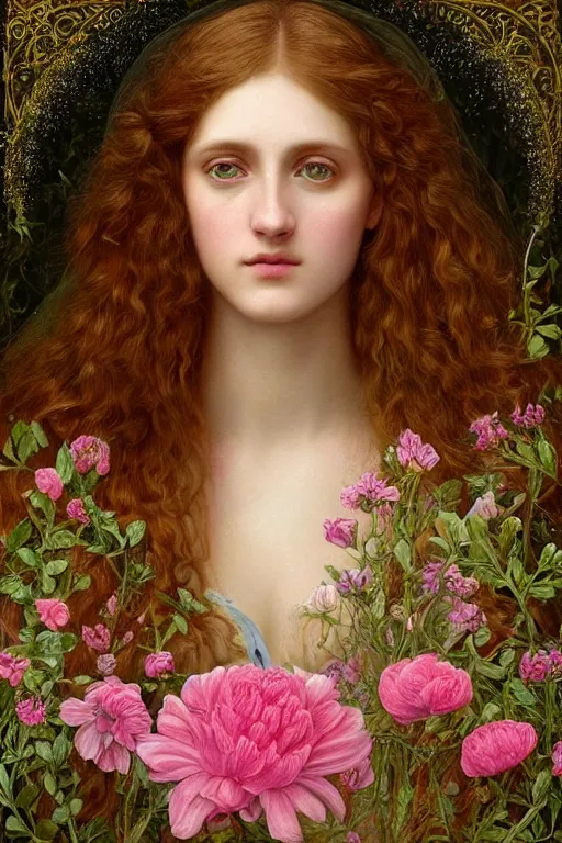 Image similar to elaborately Hyper detailed pre-raphaelite illustration of an extremely beautiful regal young attractive woman, surreal, flowers, pink bubbles, bright background, moonlight, very coherent symmetrical artwork high fantasy professionally painted digital art painting, smooth, sharp focus, highly detailed illustration highlights, golden ratio, 8K detail post-processing, symmetrical facial features, rich deep moody colors, award winning picture, trending on ArtstationHQ