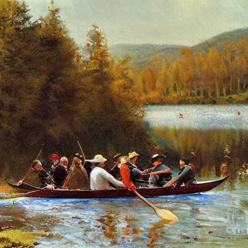 Image similar to a charles r knight painting of kappa rowing a boat