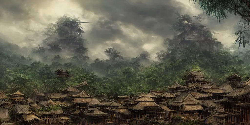 Image similar to A gigantic standing haunted samurai guardian dominates a huge hidden bamboo village in the jungle, evening, ominous sky, flags, Matte Painting, Craig Mullins