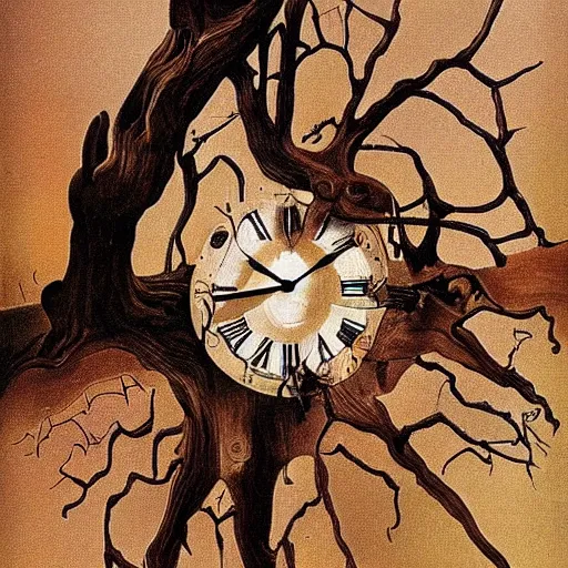 Image similar to a melted clock over a dead tree by salvador dali