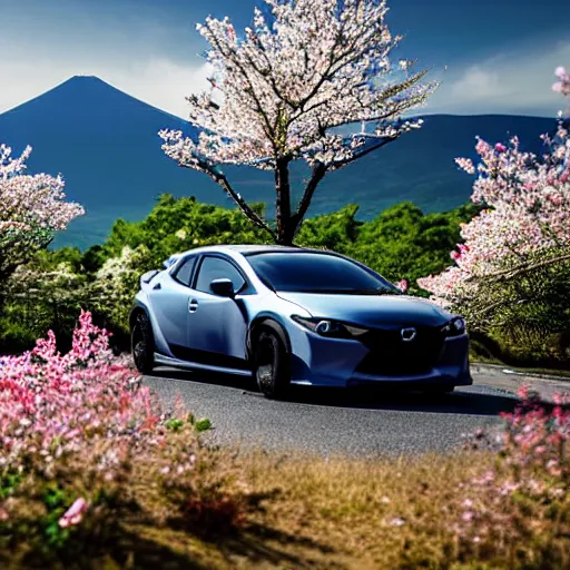 Image similar to a jdm mazda rx fused into hover craft 2 0 8 9 futuristic version, cyberpunk look hovering by mount fuji early in the morning with a few blossom trees around, high quality photo