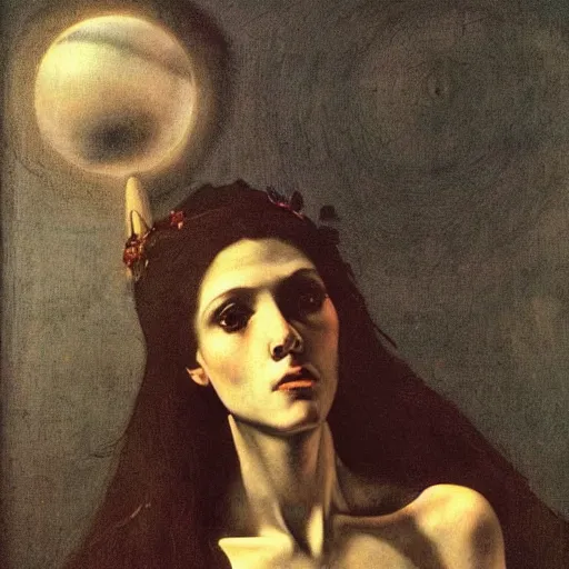 Image similar to portrait of beautyful witch circe in the odyssey, art by petrus christus, caravaggio, leonardo da vinci