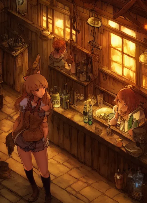 Image similar to barmaid with a coyote head in a cozy tavern, hidari, color page, tankoban, 4K, tone mapping, Akihiko Yoshida.