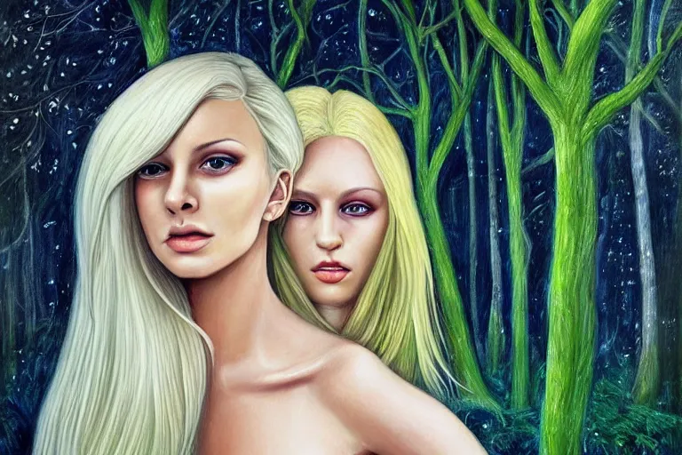 Image similar to realistic detailed portrait painting of a beautiful ghost woman with blond hair with an alien, futuristic sci-fi forest on background