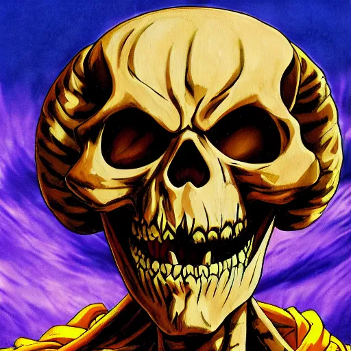 Image similar to portrait painting of skeletor, art by eiichiro oda, 4 k, one piece artstyle, cel shaded, highly detailed, epic lighting