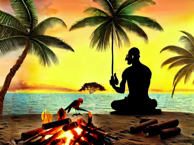 Prompt: gandhi sitting on a beach next to a campfire with palm trees in the back, holding a cigar, sunset, surrounded by animals parrot turtle lizard crab coconuts, glorious lighting, epic environment, highly detailed, digital art, hyper realistic