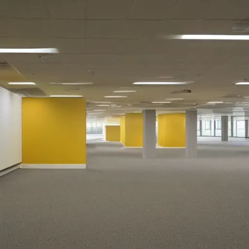 Prompt: sammy sosa lost in huge empty office spaces, walls are light yellow, carpeted floor, liminal, poorly lit,