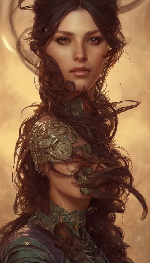 Image similar to huntress, fibonacci, sweat drops, insane, intricate, highly detailed, digital painting, artstation, concept art, smooth, sharp focus, illustration, Unreal Engine 5, 8K, art by artgerm and greg rutkowski and alphonse mucha