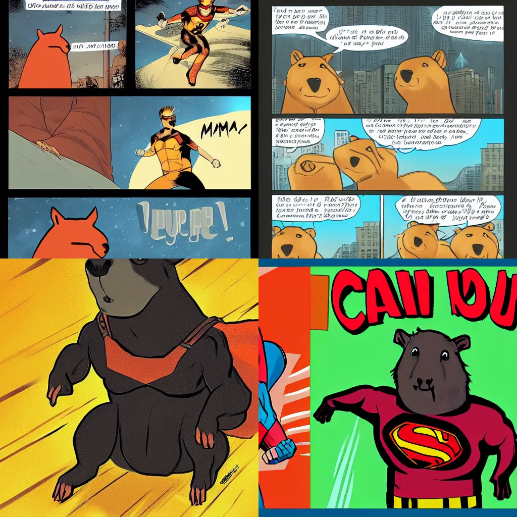 Prompt: Comic Art Of A Capybara As A Superhero, Simple, HD