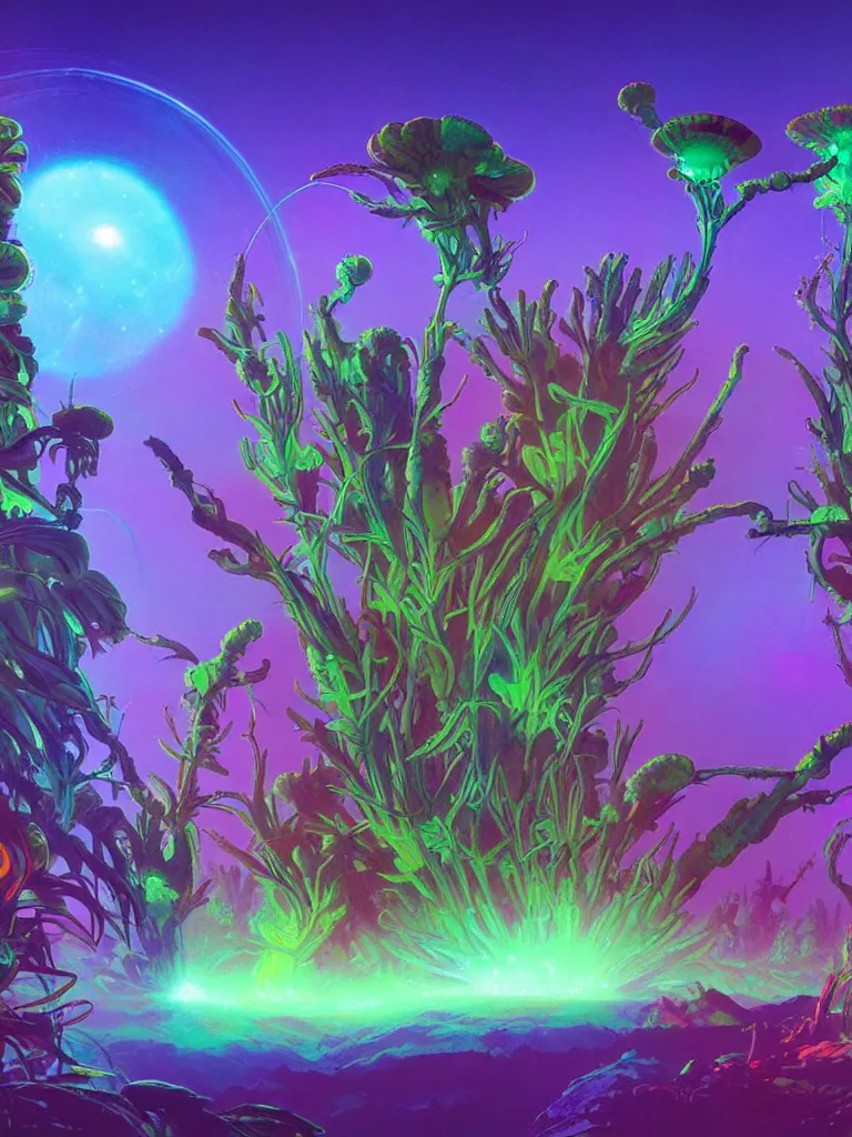 Prompt: concept art. illustration. sci - fi. multicoloured strange weird plants and flowers from a different alien planet. high sci - fi. holographic, beautiful, ethereal