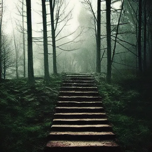 Image similar to “staircase in the middle of the woods, creepy lighting, liminal, photorealistic”