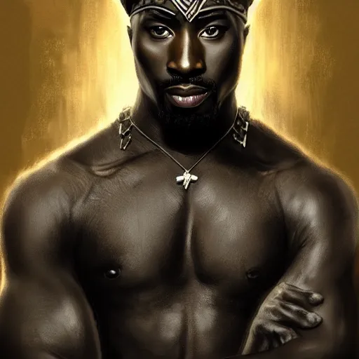 Image similar to tupac as black panther, digital painting, extremely detailed, 4 k, intricate, brush strokes, mark arian, artgerm, bastien lecouffe - deharme