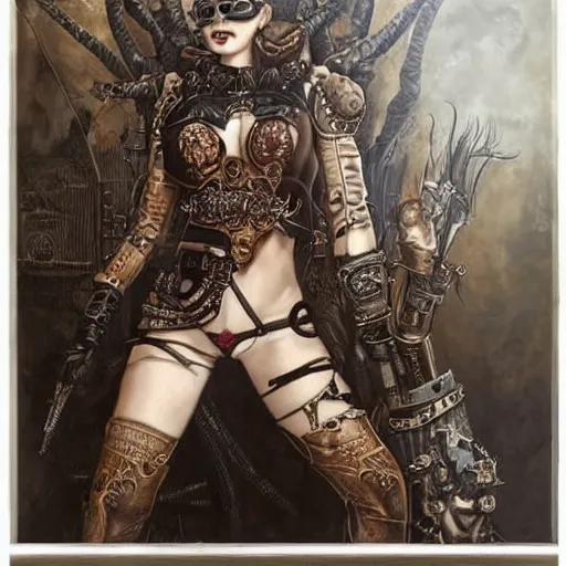 Prompt: a hyperrealistic portrait painting of a beautiful woman with demonic horns wearing steampunk goggles and ornate leather armor, holding a hi - tech weapon, by santiago caruso, highly detailed,