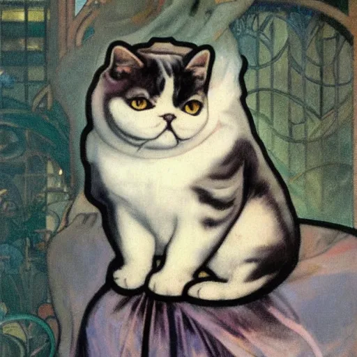 Prompt: exotic shorthair cat, solid grey, beautiful painting by beautiful potter and alphonse mucha