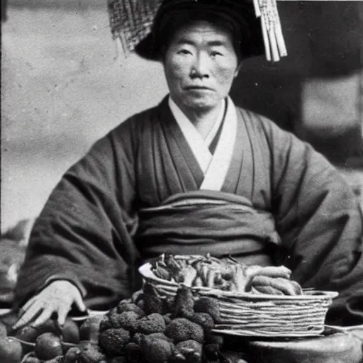 Image similar to Portrait of a 19th century Japanese vegetable trader at a Kyoto street market, 1900s photography