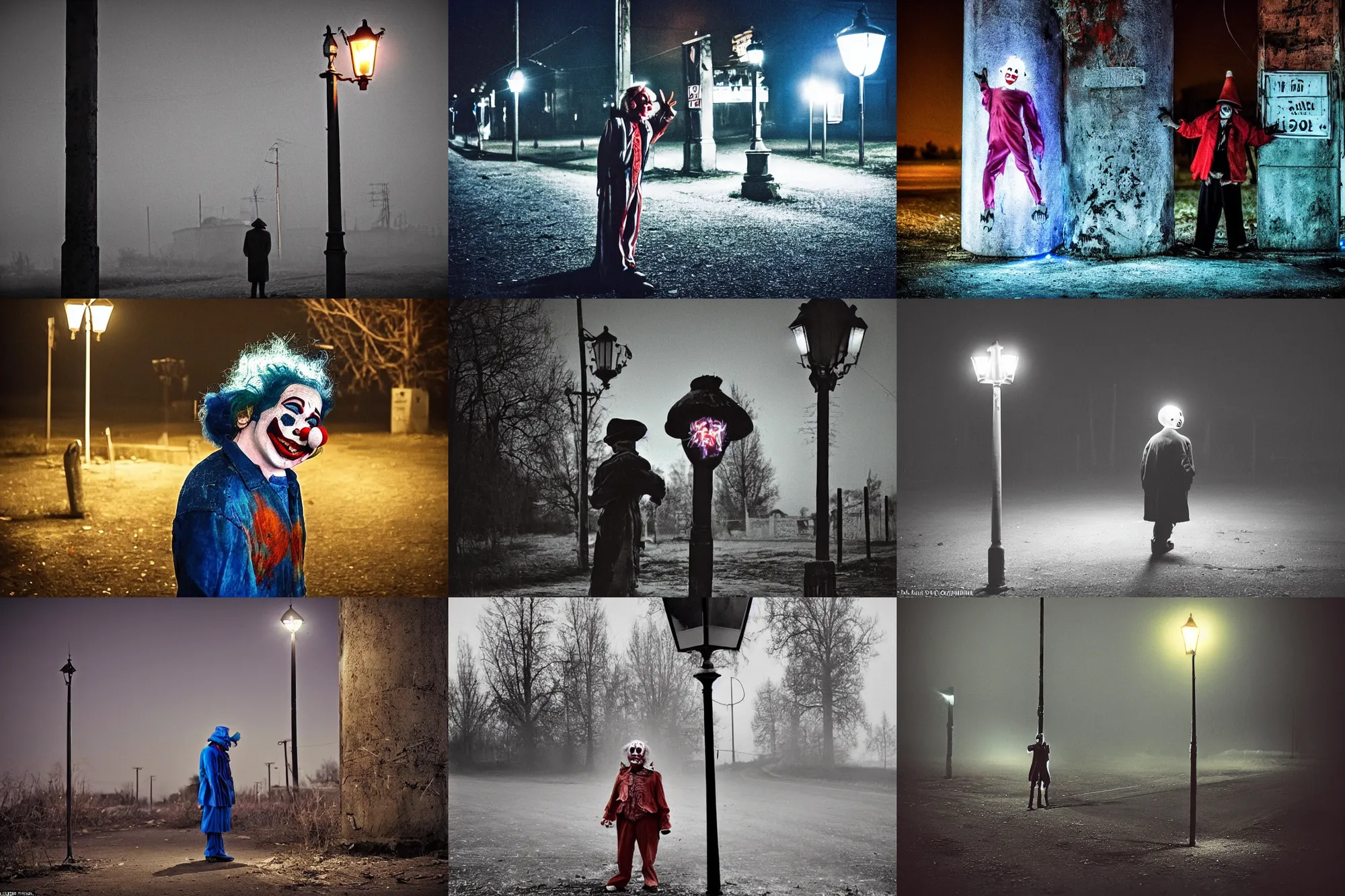 Image similar to a thin scary clown in torn clothes stands under a lamppost that shines a blue light on the clown, pitch darkness around the post, everything happens at night in an old Soviet village, the photo was taken from afar, Colourful, Cinematic, filmic, 35mm, dark atmosphere, horror, scary, Wildlife photography