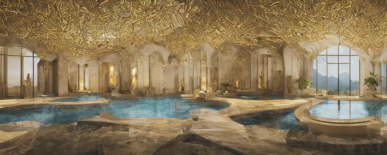 Prompt: photo of a cinematic interior of a triple height hyper luxury spa with everything made of gold, candles, windows with view to desert mountains and river, beige stone marble floor with reflection, small wellness relaxation pool, intricate hieroglyph detailed roof, contemporary design, sacred geometry, 8 k, hyperrealistic, photorealism,