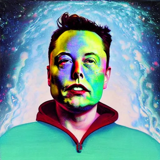 Image similar to Surrealist Portrait painting of Elon Musk's Acid Trip, album cover