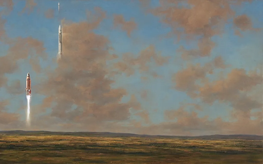 Image similar to a painting of a rocket, by vilhelms purvitis, oil on canvas