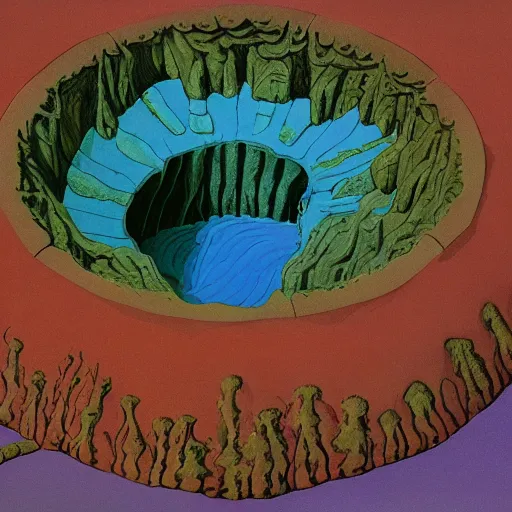 Image similar to a cylindrical pit in the ground, painting by Roger Dean