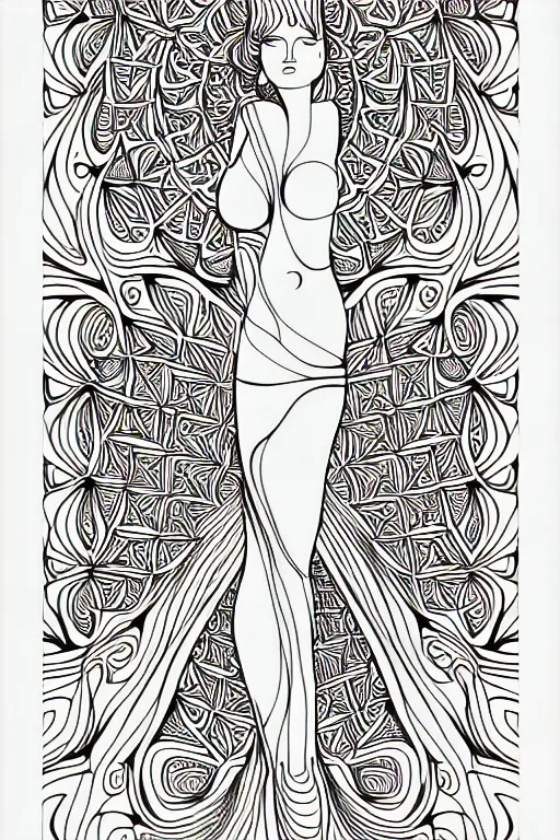 Prompt: abstract women statue ornate luxury fractal color ink drawing line art colouring page, vector, margins, fine lines, centered