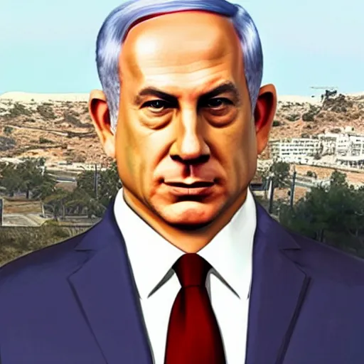 Prompt: benjamin netanyahu in a GTA v cover art