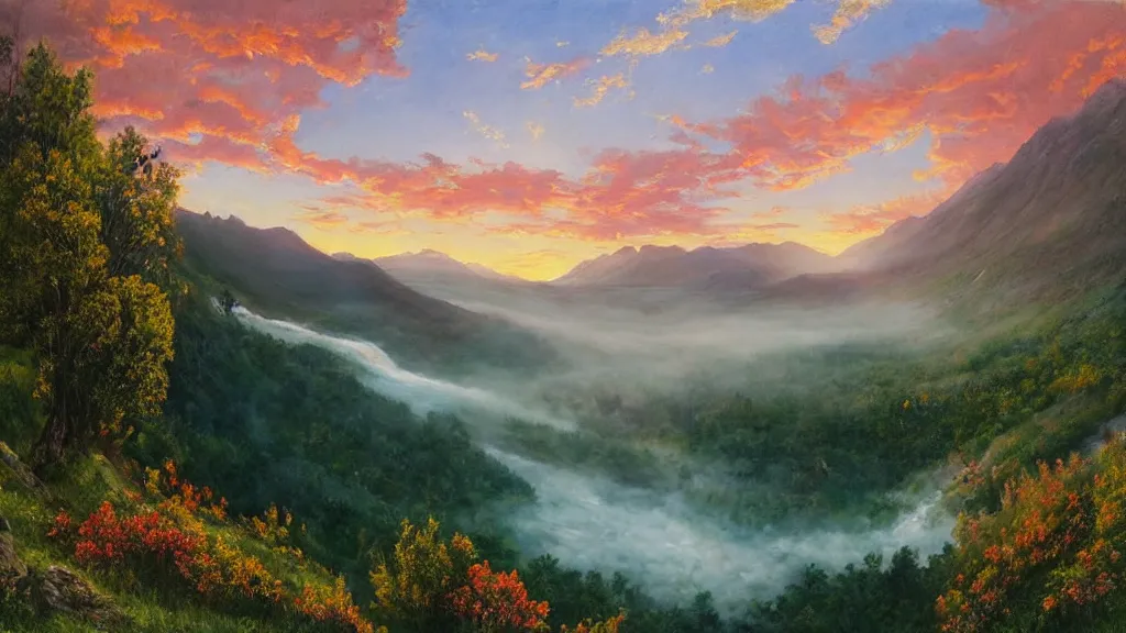 Image similar to The most beautiful panoramic landscape, oil painting, where the mountains are towering over the valley below their peaks shrouded in mist, the sun is just peeking over the horizon producing an awesome flare and the sky is ablaze with warm colors and stratus clouds. A giant dreamy waterfall creates a river, it is winding its way through the valley and the trees are starting to bloom in pink colors, by Greg Rutkowski, aerial view