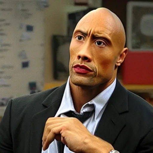 Prompt: the Rock in a The Office tv show episode