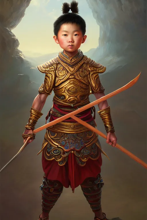 Image similar to a masterpiece portrait of nezha, highly detailed, boy hold spear, chinese fantasy, highly detailed, digital painting, trending on artstation, concept art, sharp focus, illustration, global illumination, ray tracing, realistic shaded, art by artgerm and greg rutkowski and fuji choko and viktoria gavrilenko and hoang lap